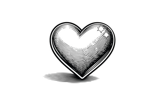 A classic hand drawn illustration of a shiny heart with engraved line art style on white background Vector