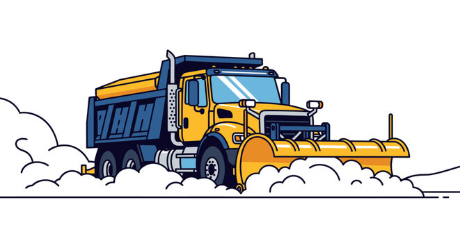 Yellow Snow Plow Truck Clearing Road.