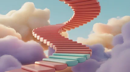 Fototapete Treppen A pastel colored spiral staircase gracefully ascends through a serene sky filled with soft fluffy dreamy clouds in hues of pink purple and orange with a light blue sky  © Shahid