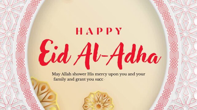 Happy eid al adha greeting card with arabic pattern background footage.