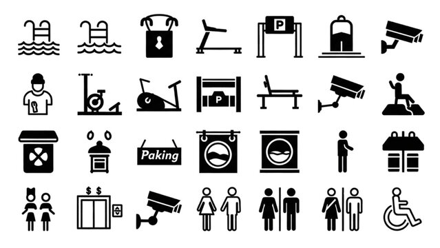 Vector icon sheet of various public facility signs and symbols