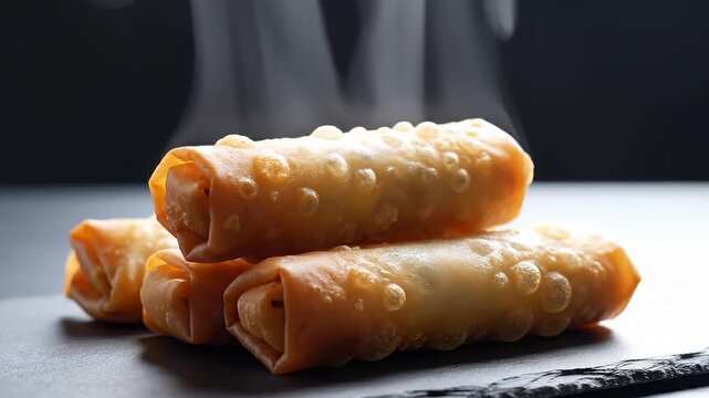 Hot Steaming Egg Rolls Stacked and Picked Up With Chopsticks, Close Up