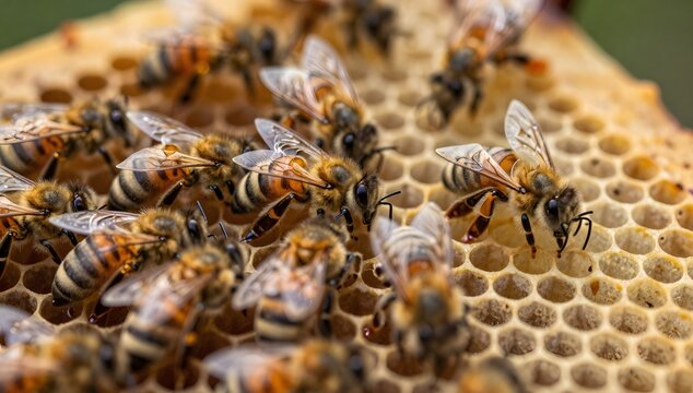 Close up of honey bees on a honeycomb working together in the hive