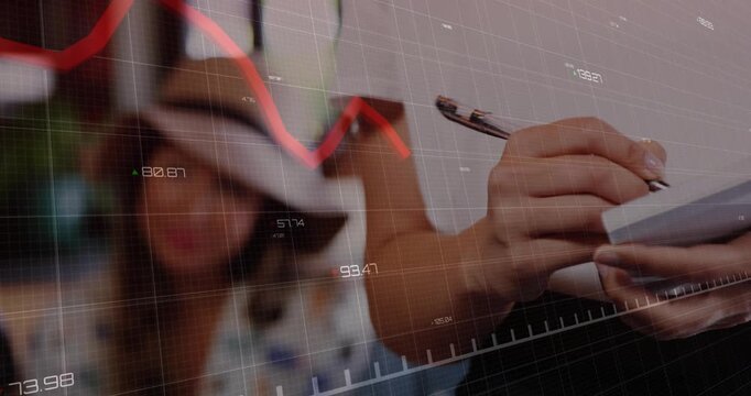 Note taker bringing pen and writing business notes as grid animating red trend across pad