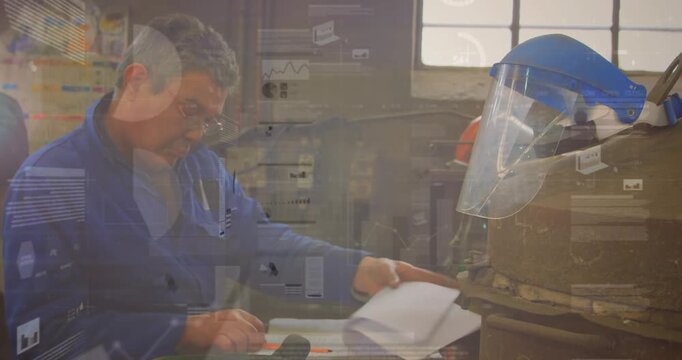 Senior tech writing notes, pulling roll at bench, animated tags marking visor near hands for fixing