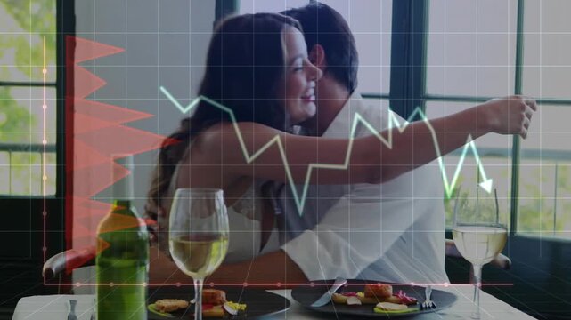 Dining couple, man taking hand placing proposal ring hugging, animated chart over frame for tech