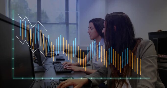 Rear woman pointing at screen starting task, front woman typing while waveform overlay animating