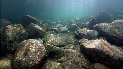 Obraz premium Underwater scene with large rocks showcasing a serene aquatic environment in clear water during daylight hours