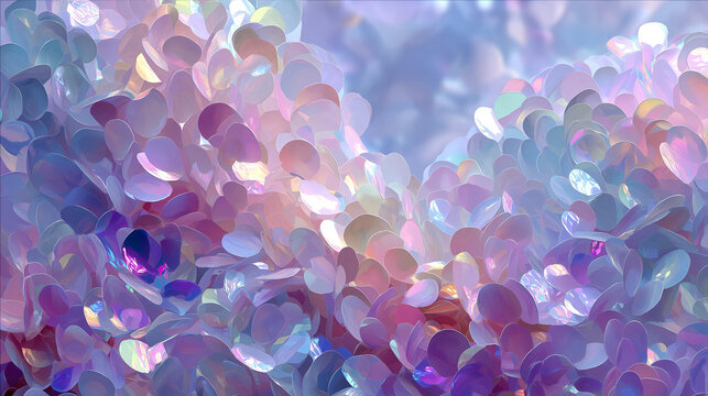 白とラベンダーとピンクの丸いスパンコール状の花びらが重なるホログラフィックな背景素材