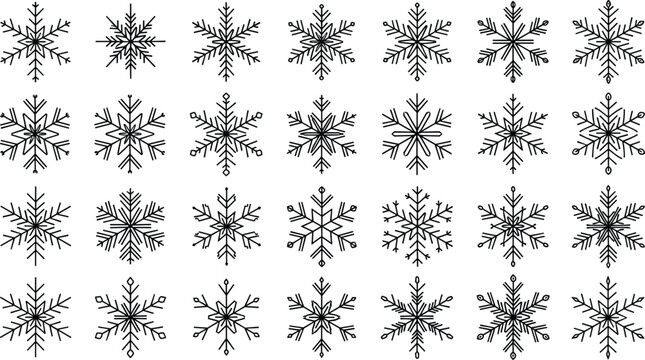 Snowflake grid illustration, 30 unique designs, winter decorative artwork, geometric crystal patterns, seasonal vector art, symmetry drawing, flat vector illustration