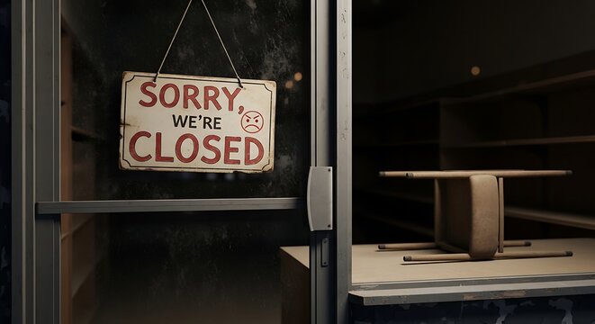 A sign on a door that reads sorry were closed with a frowning face