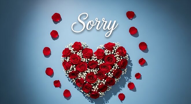 Heart shaped bouquet of red roses and white babys breath with the word sorry on a blue background
