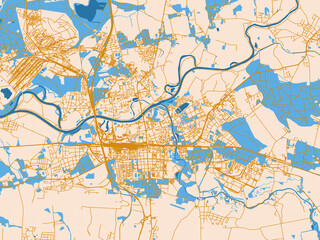 Fototapeta premium City map of Pardubice, Czechia — warm cream background with golden road lines and bright blue water in a clean flat cartographic style