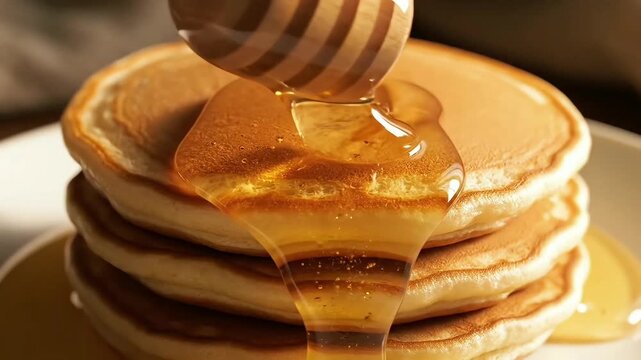 Extreme close-up of golden honey pouring from a wooden dipper onto a stack of fresh fluffy pancakes in warm morning light.