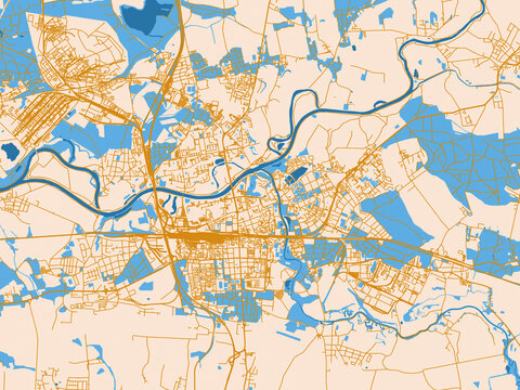 City map of Pardubice, Czechia &mdash; warm cream background with golden road lines and bright blue water in a clean flat cartographic style