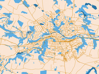 Fototapeta premium City map of Trebic, Czechia — soft ivory map base with ochre-gold streets and clear blue water shapes for crisp contrast