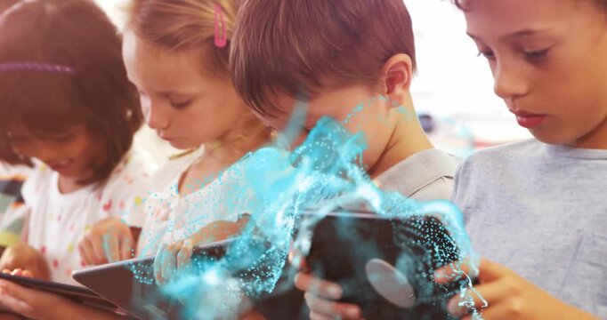 4 pupils learning tapping tablets and causing blue wave flowing across screens camera zooming right