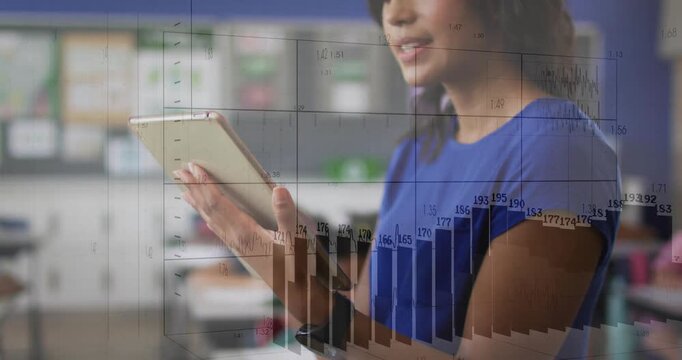 Teacher tapping tablet causing charts rising recoloring for class data camera pulling back to face