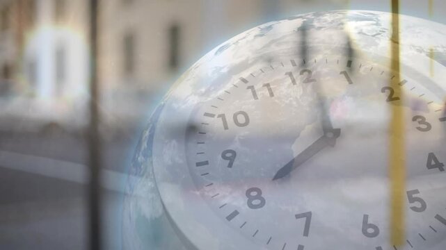 Analog clock advancing hands with frame progression, revealing globe clouds, aiding urban planning