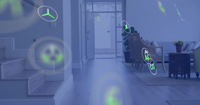 Green glow appearing at doorway and forming semi-transparent energy icons visualizing home energy