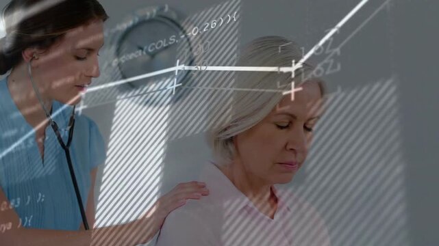 Nurse placing hand, using stethoscope, examining lungs as medical data overlay sweeping frame