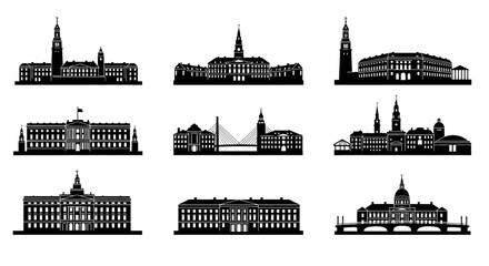 Fototapeta premium Collection of Black and White Silhouettes of Famous European Buildings and Landmarks