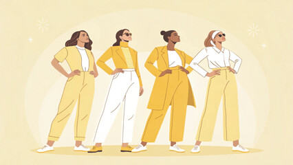 Fototapeta premium Minimalist flat vector illustration of a diverse group of women standing together background