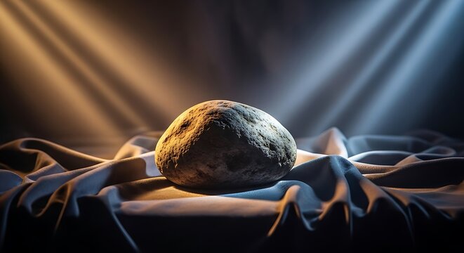A large rock sitting on a blue cloth with light shining on it from the side