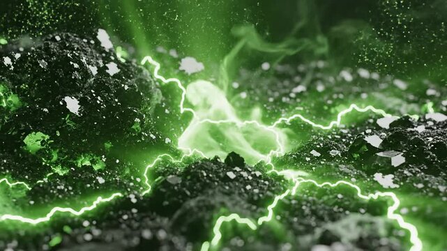 Abstract Green Lightning Over Dark Volcanic Rocks
