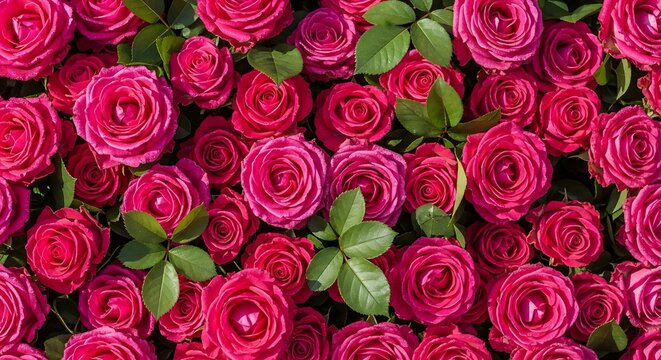 A lush field of vibrant red roses in full bloom with green foliage