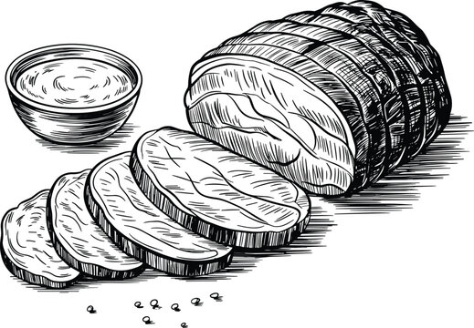 Roast beef vector sketch with sliced meat and gravy bowl isolated for restaurant menu design