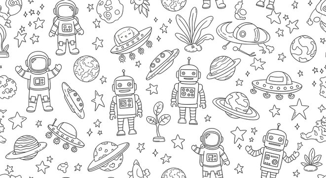 whimsical black and white space-themed doodles with robots planets and stars forkids