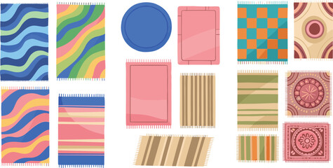 Obraz premium Colorful rugs and carpets collection with geometric, striped and abstract patterns for home decor textile design vector illustration set