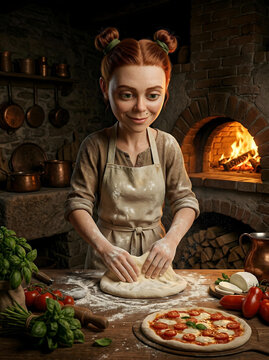 Personagem em pizzaria r&uacute;stica trabalhando com a luz do forno.