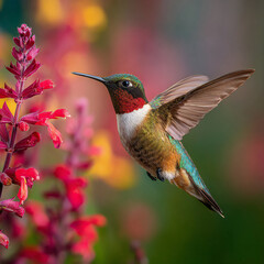 Fototapeta premium Ruby-throated hummingbird hovering near crimson salvia flower in bright daylight, wildlife close-up