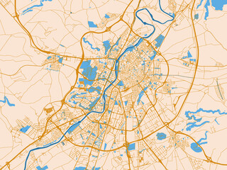 Fototapeta premium Urban map poster of Valladolid, Spain with light cream city field with mustard-gold linework and vivid blue lakes, rivers and waterways