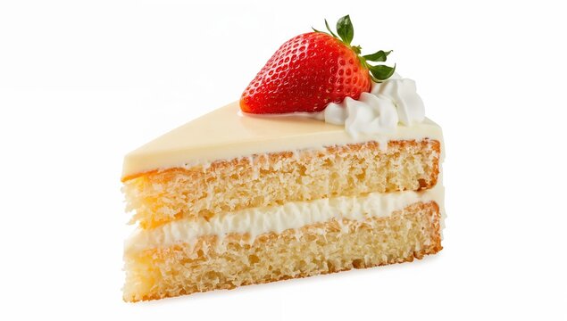 Slice of tres leches cake with whipped cream and fresh strawberry on white background, moist dessert closeup