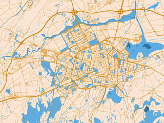 Fototapeta premium City map of Vitoria, Spain — warm cream background with golden road lines and bright blue water in a clean flat cartographic style