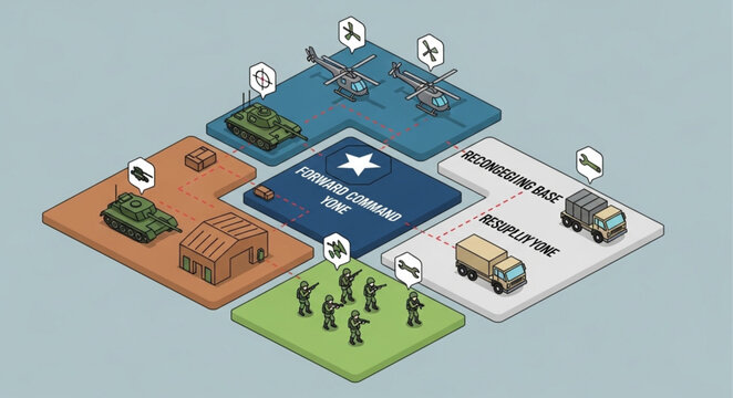 Isometric Military Assets - A Strategic Overview of Land, Air, and Logistics.