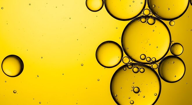 Golden bubbles floating in translucent liquid against a bright background
