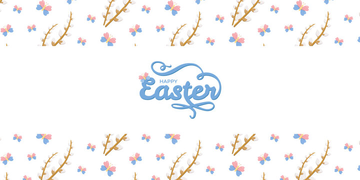 Elegant Happy Easter greeting in blue script on white background, framed by pussy willow branches and butterflies, cheerful seasonal holiday motif for cards, posters, and festive decorations