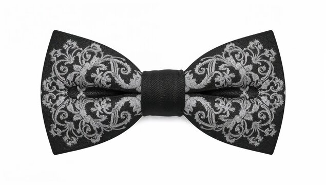 Elegant embroidered mariachi bowtie with ornate silver thread detailing on black fabric for traditional mexican attire