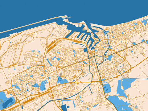 City layout poster &mdash; Dunkirk, France &ndash; golden linework with blue water