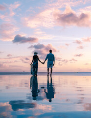 Fototapeta premium Couple enjoying a romantic sunset walk on the beach in Saint Lucia, Caribbean paradise