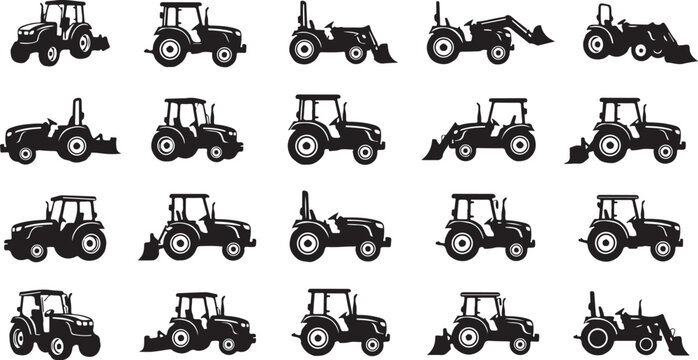 Tractor Silhouettes in Various Positions and Angles
