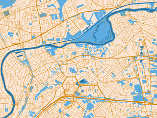 Obraz premium City map of Noisy-le-Grand, France — light cream city field with mustard-gold linework and vivid blue lakes, rivers and waterways