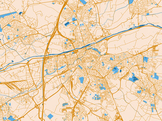 Fototapeta premium City map of Perpignan, France — warm cream background with golden road lines and bright blue water in a clean flat cartographic style