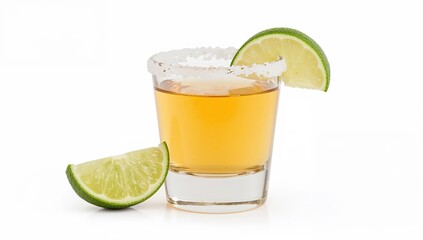 Fototapeta premium Golden tequila in shot glass with salt rim and lime wedge on white background for refreshing party drinks
