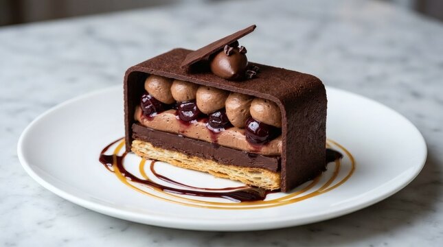 Decadent chocolate shell parfait with mocha mousse and berry topping, artfully plated