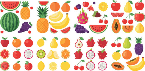 Colorful tropical fruits collection with watermelon, pineapple, banana, citrus and berries fresh healthy food vector illustration set © MdNazmul